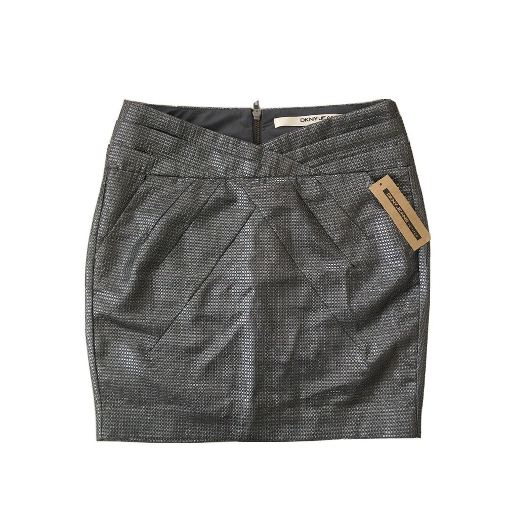 NWT DKNY Jeans Petites Women’s Silver Metallic Zip Back Skirt W/ Pockets SZ 6P